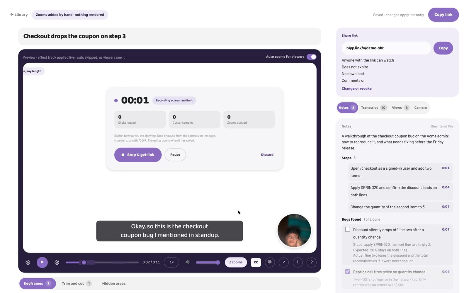 The Blyp editor: the recording with a webcam bubble, the share link, and the notes written from the transcript