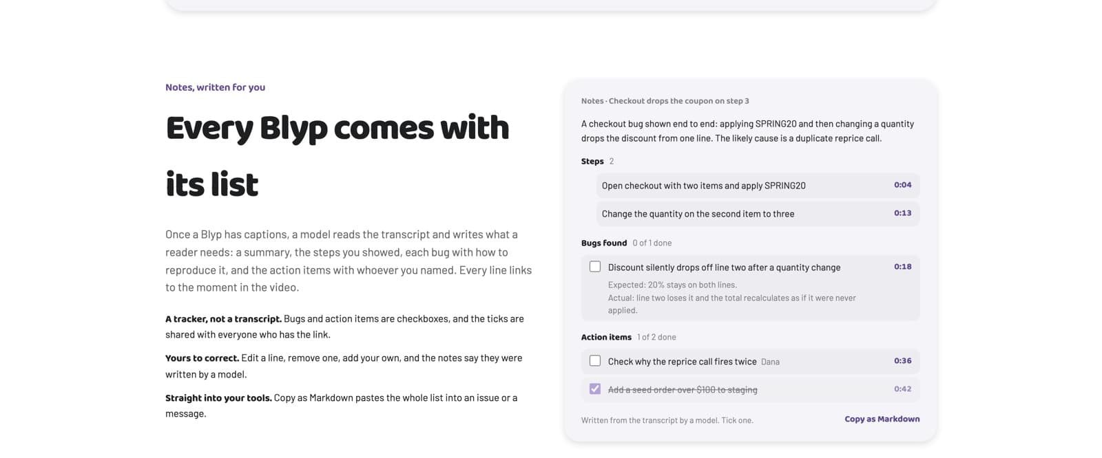 Notes written from a bug report Blyp: a summary, the steps shown, the bug found with expected and actual, and action items with checkboxes